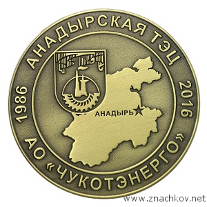 Памятная медаль АО ЧУКОТЭНЕРГО АНАДЫРСКАЯ ТЭЦ с античной латунью Памятная медаль АО ЧУКОТЭНЕРГО АНАДЫРСКАЯ ТЭЦ с античной латунью